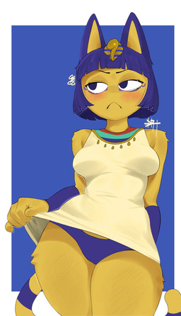 :< anthro blue_background blue_clothing blue_eyeliner blue_eyes blue_hair blue_panties blue_underwear blush bob_cut border breasts clothed clothing clothing_lift dress dress_lift embarrassed eyeliner female flashing flashing_panties front_view frown fur hair half-closed_eyes kalasiris looking_away makeup markings medium_breasts narrowed_eyes panties panty_peek panty_shot partially_visible_underwear short_dress simple_background solo striped_markings striped_tail stripes tail tail_markings underwear upskirt_photo upskirt_view uraeus white_border white_clothing white_dress yellow_body yellow_fur drt_l0l animal_crossing nintendo ankha_(animal_crossing) felid mammal 2026 hi_res portrait three-quarter_portrait