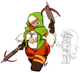 accessory ambiguous_gender anthro arbalist areola blush blush_lines boots bottomwear braided_hair braided_ponytail breasts clock clothed clothing compass countershading crossbow dual_wielding duo female footwear fur gesture gloves hair hand_gesture handwear holding_crossbow holding_object holding_weapon hood legwear long_hair multicolored_body navel nipples orange_body orange_fur orange_hair ponytail ranged_weapon shoes simple_background skimpy skirt smile stripes thumbs_up topwear weapon white_background white_hair yellow_eyes buxbi buxbi_(character) felid mammal pantherine tiger signature