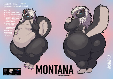 anthro belly big_belly big_butt black_body blue_eyes blurred_background bottom_heavy breasts butt color_swatch featureless_breasts female gesture hair hand_on_belly huge_butt huge_hips huge_thighs long_hair looking_at_viewer looking_back looking_back_at_viewer medium_breasts navel nude obese obese_anthro obese_female overweight overweight_anthro overweight_female paws pear-shaped_figure presenting presenting_breasts presenting_hindquarters raised_tail small_breasts smile solo standing suggestive suggestive_gesture tail text thick_thighs turnaround weight_gain white_hair wide_hips stabria montana_(stabria) mammal mephitid skunk 2025 artist_name character_name digital_media_(artwork) english_text full-length_portrait hi_res model_sheet portrait shaded soft_shading