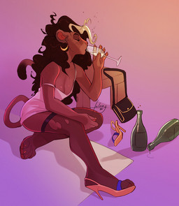 4_toes 5_fingers alcohol anthro beverage biped blonde_hair bottle breasts brown_body brown_fur brown_hair champagne claws cleavage clothed clothing cocktail_dress container cup curly_hair dipstick_tail dress drinking drinking_glass drunk ear_piercing ear_ring eyes_closed feet female fingers footwear fur furniture glass glass_container glass_cup hair high_heels legwear markings multicolored_hair multicolored_tail off_shoulder on_ground pawpads piercing pink_nose purse ring_piercing shoes simple_background sitting solo substance_intoxication table tail tail_markings thigh_highs toes torn_clothing two_tone_hair wine_glass furlana rey_(furlana) cougar felid feline lion mammal pantherine 2019 digital_media_(artwork) hi_res signature