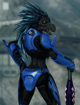 anthro armor avian_caruncle beak blue_body blue_feathers clothed clothing feather_hair feathered_crest feathers female grey_body grey_scales gun hand_on_hip hand_on_own_hip head_crest holding_gun holding_object holding_ranged_weapon holding_weapon looking_at_viewer looking_back looking_back_at_viewer needle_rifle pseudo_hair pupils ranged_weapon rear_view scales slit_pupils solo standing weapon yellow_eyes hackrazor1012 pickle_juice_(modeler) halo_(series) microsoft xbox_game_studios alien avian kig-yar scalie t'vaoan 3d_(artwork) colored digital_media_(artwork) hi_res