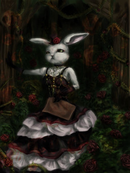 alternative_fashion armwear ball_gown brown_clothing brown_dress choker clothing creepy detailed_background dress elbow_gloves female flower forest frilly fur gloves goth gown green_eyes handwear hat headgear headwear jewelry map necklace no_pupils outside plant rose_(flower) solo steampunk thorns tree victorian_goth vines white_body white_fur wood yohane-dk lagomorph leporid mammal rabbit 3:4 digital_media_(artwork) digital_painting_(artwork) hi_res painting_(artwork)