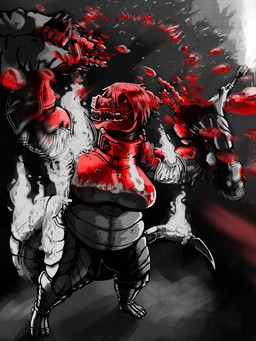 4_toes 5_fingers blood blood_drop blood_from_mouth blood_in_mouth blood_on_arms blood_on_chest blood_on_hair blood_on_teeth bodily_fluids breast_armor breasts bullet_hole covered_in_blood death dismemberment duo feet female fingers fire flamethrower gore grabbing_another hair intestines_out looking_away lower_lip male multi_nostril open_mouth ranged_weapon red_eyes sharp_teeth size_difference spine tail teeth toes vomiting vomiting_blood weapon wearing_armor krocoart_116 paenitentia alien balhannur human mammal 2026 3:4 absurd_res digital_media_(artwork) hi_res monochrome