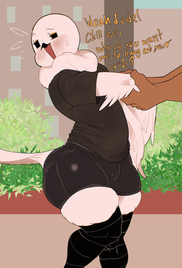 ambiguous_gender anthro beak black_clothing black_eyes black_shirt black_topwear bottomwear bulge clothing dialogue disembodied_hand duo feathers male male/ambiguous male_focus neck_tuft shirt shorts small_beak solo_focus t-shirt text thick_thighs tight_bottomwear tight_clothing tight_shorts topwear tuft white_body white_feathers wide_hips meweeze burd_(meweeze) avian bird human mammal 2026 absurd_res english_text hi_res