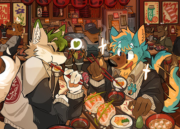 4_fingers ambiguous_gender anthro biped black_eyes black_nose blue_body blue_fur bodily_fluids brown_body brown_fur chopsticks clothed clothed_anthro clothing detailed_background dipstick_ears drooling duo_focus ear_markings eating eating_food eyes_closed fingers food fur furniture green_hair grey_body grey_fur group hair heart_symbol inner_ear_fluff inside long_sleeve_shirt miso_soup mouth_closed multicolored_body multicolored_ears multicolored_fur open_mouth pawpads saliva soy_sauce sushi sweater table tail tail_motion tailwag tan_body tan_fur text topwear tuft two_tone_tail white_body white_clothing white_fur white_sweater white_topwear yellow_body yellow_fur mintcashew canid canine canis fox mammal wolf 2025 absurd_res artist_name digital_drawing_(artwork) digital_media_(artwork) english_text hi_res