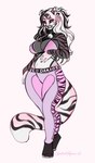 anthro black_hair black_stripes clothed clothing ear_piercing ear_ring female front_view grey_body hair industrial_piercing looking_at_viewer markings mouth_closed multicolored_hair narrowed_eyes piercing ring_piercing simple_background solo standing striped_arms striped_markings striped_tail stripes tail tail_markings two_tone_hair white_background white_body white_hair tiggybloom felid mammal pantherine tiger 2022 full-length_portrait portrait