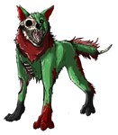 ambiguous_gender black_body black_claws black_fur bone claws empty_eye_socket exposed_bone exposed_rib_cage exposed_skull exposed_tail_bone fangs feral fur gore green_body green_ears green_fur inner_ear_fluff leg_markings markings open_mouth red_body red_claws red_eyes red_fur red_inner_ear red_inner_ear_fluff rib_cage sharp_teeth skull socks_(marking) solo teeth three-quarter_view tuft wounded imperatorcaesar canid mammal undead zombie