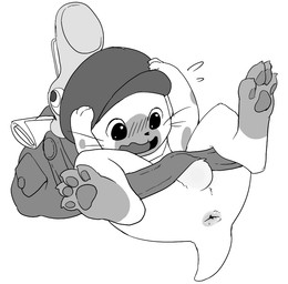 anthro anus backpack balls bodily_fluids butt clothed clothing digitigrade embarrassed erection erection_under_clothing flying flying_sweatdrops genitals hat headgear headwear legs_up lying male mostly_nude on_back open_mouth pawpads penis shota solo spread_legs spreading sweat sweatdrop whiskers young young_anthro young_male manmosu_marimo capcom monster_hunter felid felyne lynian mammal digital_media_(artwork) greyscale monochrome