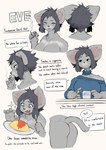 anthro breasts butt choker cigarette claws cleavage clothed clothing female food hair jewelry looking_at_viewer necklace off_shoulder smoking solo text sleepiness18 eve_(sleepiness18) dasyurid dasyuromorph mammal marsupial tasmanian_devil english_text hi_res model_sheet