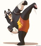 anthro bandage black_body bottomwear clothing cute_fangs fangs male overweight overweight_male shorts simple_background solo teeth white_background borkthunder breeze_in_the_clouds strati_(breeze_in_the_clouds) bear mammal 2021 absurd_res hi_res