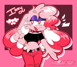 anthro black_clothing black_crop_top black_shirt black_topwear bottomwear breasts buckteeth clothed clothing crop_top eyelashes eyeshadow female fur hair long_ears looking_at_viewer makeup medium_breasts open_mouth open_smile pants pink_background pink_body pink_fur pink_hair purple_eyeshadow red_eyes shirt simple_background smile solo tail teeth topwear isaacsart2005 izzy_(funnyhoohooman) lagomorph leporid mammal rabbit digital_media_(artwork)