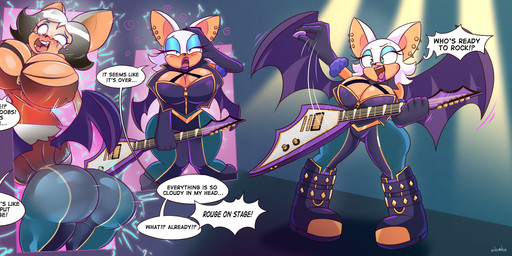 anthro big_breasts big_butt black_hair blue_bottomwear blue_clothing blue_pants blush boots bottomwear breast_growth breasts butt butt_expansion clothing dialogue electric_guitar expansion female footwear gender_transformation growth guitar hair holding_guitar holding_musical_instrument holding_object human_to_anthro lipstick makeup male membrane_(anatomy) membranous_wings mind_control mtf_transformation musical_instrument open_mouth pants playing_guitar playing_music plucked_string_instrument red_clothing red_shirt red_topwear shirt shoes smile solo species_transformation string_instrument text tf_into_fictional_character topwear transformation wing_growth wings slemka sega sonic_the_hedgehog_(series) rouge_the_bat bat human mammal 2025 absurd_res digital_media_(artwork) english_text hi_res sequence