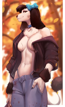 accessory anthro autumn black_hair black_nose blood blood_on_belly blood_on_breast blood_on_clothing blood_on_face blood_on_pants bodily_fluids bottomwear bow_ribbon breasts clothed clothed_anthro clothed_female clothing collar denim denim_bottomwear denim_clothing female fur hair hair_accessory hair_bow hair_ribbon holding_knife holding_object jacket jeans knife navel off_shoulder open_bottomwear open_clothing open_jacket open_jeans open_pants open_topwear pants pink_body pink_fur ribbons smile solo tail thong thong_straps topwear underwear wearing_collar mergremil princess_(nicoya) canid canine canis domestic_dog mammal poodle absurd_res hi_res