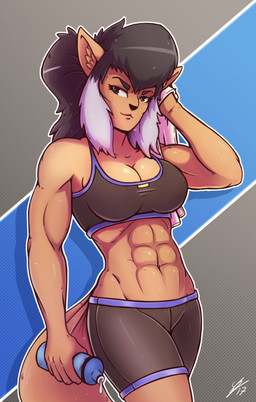 abs anthro big_breasts black_hair bodily_fluids bottomwear bra breasts cleavage clothed clothing dotted_background exposure_variation eyebrows eyelashes female grey_eyes hair hand_on_head holding_object inner_ear_fluff looking_at_viewer multicolored_hair muscular muscular_anthro muscular_female navel pattern_background raised_arm shorts simple_background solo sports_bra sweat tuft two_tone_hair underwear secretly_saucy hanna-barbera swat_kats felina_feral domestic_cat felid feline felis mammal 2017 absurd_res digital_media_(artwork) hi_res portrait shaded three-quarter_portrait