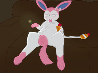 alcohol animal_genitalia animal_vulva beverage blush bow_(feature) bow_ribbon canine_genitalia canine_vulva dim_lighting drugs drunk female feral fur furniture genitals marijuana pawpads pink_body pink_fur pink_pawpads pink_tail pink_vulva relaxed_expression semi-anthro sofa solo spread_legs spreading substance_intoxication tail vulva white_body white_fur icebirds nintendo pokemon eeveelution generation_6_pokemon pokemon_(species) sylveon 4:3