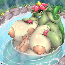 anthro areola bald big_breasts biped breasts butt countershading detailed_background duo female green_body head_between_breasts huge_breasts human_on_anthro interspecies larger_anthro larger_female male male/female nipples non-mammal_breasts non-mammal_nipples nude open_mouth outside palmorph palphilia partially_submerged patreon_logo red_eyes size_difference smaller_human smaller_male smile tail tan_areola tan_body tan_countershading tan_nipples thick_thighs water tibbs palworld patreon pocketpair dinossom human mammal pal_(species) scalie 2025 absurd_res digital_media_(artwork) hi_res