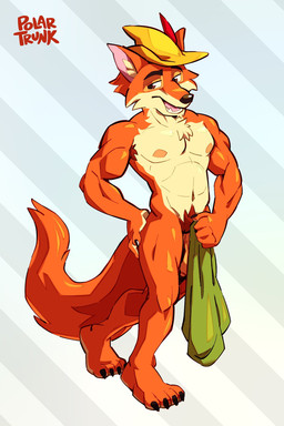 anthro armpit_hair biped black_eyebrows black_nose body_hair claws clothed clothing covering covering_crotch eyebrows fangs finger_claws fingers foreskin fur genitals hand_on_butt happy_trail hat headgear headgear_only headwear headwear_only holding_clothing holding_object male male_anthro monotone_tail mostly_nude multicolored_body multicolored_fur navel nipples open_mouth open_smile paws penis pink_tongue pubes red_body red_fur simple_background smile solo standing tail teeth three-quarter_view tongue topless topless_anthro topless_male two_tone_body two_tone_fur white_background white_body white_fur polartrunk disney robin_hood_(disney) robin_hood canid canine fox mammal red_fox true_fox cel_shading digital_drawing_(artwork) digital_media_(artwork) full-length_portrait hi_res portrait shaded