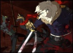 anthro battle black_border blood bodily_fluids border group katana male melee_weapon scarf sword tail weapon kubikitsune canid canine canis domestic_dog felid lion mammal pantherine undead zombie