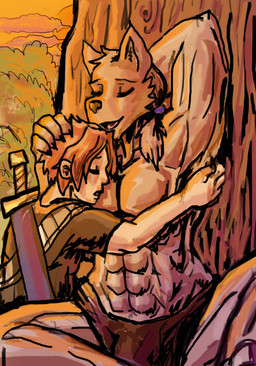abs anthro biceps bottomwear bulge clothed clothing duo eyes_closed fur hair loincloth male male/male muscular muscular_male open_mouth outside pecs plant red_hair sky sleeping smile sunset tree mrease twokinds database_error_(twokinds) sythe_(twokinds) canid canine canis human keidran mammal wolf 2017 digital_media_(artwork)