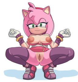 accessory anthro bracelet clothing crouching dress female footwear fur genitals gloves green_eyes hair_accessory hairband handwear jewelry legwear narrowed_eyes nipples pink_body pink_fur shoes solo tan_nipples thigh_highs vulva necronnus sega sonic_boom sonic_the_hedgehog_(series) amy_rose eulipotyphlan hedgehog mammal alternate_version_at_source hi_res