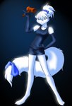 anthro black_background blue_eyes clothed clothing female fur hair hammer simple_background solo tail tools white_body white_fur white_hair devilkitten_yami domestic_cat felid feline felis mammal