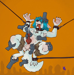 anthro balls bdsm bodily_fluids bondage bound collar cum cumshot disembodied_hand drooling ejaculation erection genital_fluids genitals grope group knot male orgasm penis rope rough_sex rubbing saliva sex solo_focus tongue tongue_out newd anon timbywuff canid canine canis mammal wolf 2017