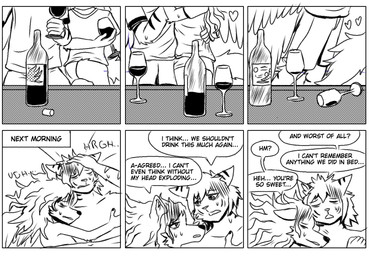 after_sex alcohol anthro beverage clothed clothed_female clothed_male clothing container cup dialogue dialogue_box drinking_glass drunk female glass glass_container glass_cup groan looking_at_another looking_at_partner male male/female romantic romantic_couple speech_bubble substance_intoxication talking_to_another talking_to_partner text waking_up wine wine_bottle wine_glass arc_rose natascha_(arcrose) zephyr_(arcrose) canid canine canis domestic_cat domestic_dog felid feline felis husky mammal nordic_sled_dog spitz comic digital_drawing_(artwork) digital_media_(artwork) english_text hi_res monochrome