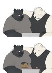 anthro black_body black_nose blush bulge clothed clothing computer duo electronics erection erection_under_clothing heart_symbol hug kemono male overweight overweight_male shirt sudden topwear white_body haoming bear mammal polar_bear ursine 2023 comic hi_res