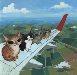 aircraft airplane ambiguous_gender big_eyes black_eyes blue_sky cloud day detailed_background feral field fur group looking_at_viewer outside painterly plane_wings shadow sky smile striped_body stripes text tuft vehicle whiskers yellow_sclera kellypringleart domestic_cat felid feline felis mammal 2025 artist_name gouache_(artwork) painting_(artwork) signature traditional_media_(artwork) traditional_painting_(artwork)