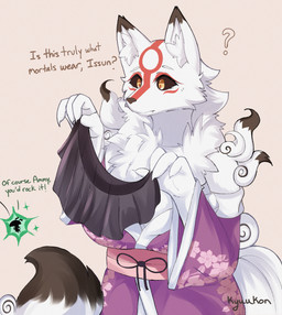 anthro anthrofied asian_clothing breasts clothed clothing duo east_asian_clothing female fur japanese_clothing kimono markings red_markings tail text white_body white_fur kyuukon capcom clover_studio okami_(capcom) amaterasu_(okami) issun_(okami) canid canine canis deity mammal wolf english_text hi_res