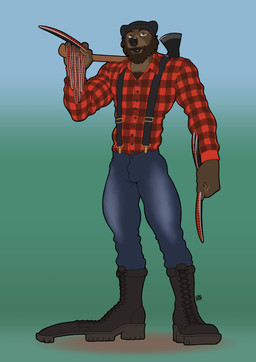 anthro axe beanie beard big_feet black_lips black_nose body_hair boots bottomwear brown_eyes chest_hair claws clothing denim denim_bottomwear denim_clothing facial_hair feet flannel_shirt footwear furgonomic_footwear furgonomics hat headgear headwear hyper_claws jeans lips long_claws long_nails long_shoes long_sleeve_shirt looking_at_viewer lumberjack male muscular muscular_male painted_claws pants shoes simple_background solo suspenders longblueclaw bear mammal absurd_res hi_res