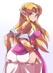 blue_eyes breasts butt clothing ear_piercing ear_ring female hand_on_butt humanoid_pointy_ears looking_back not_furry piercing pointy_ears ring_piercing solo abysswatchers nintendo the_legend_of_zelda princess_zelda humanoid hylian 2020 absurd_res hi_res