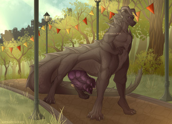 4_legs 4_toes accessory animal_genitalia animal_penis arm_spikes back_spikes big_penis claws feet furgonomics genitals grey_body horn horn_accessory huge_penis knot knotted_penis male multi_genitalia multi_penis muscular muscular_male nature nature_background nude park penis plant purple_eyes purple_penis scales shoulder_spikes sidewalk solo spiked_penis spiked_tail spikes spikes_(anatomy) street_lamp tail toes tree walking albtraumwach mythology xaentrick dragon dragon_taur mythological_creature mythological_scalie scalie taur wingless_dragon absurd_res hi_res