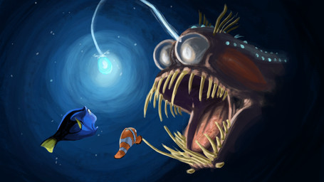 ambiguous_gender black_body blue_body brown_body eye_contact feral front_view glowing group larger_feral looking_at_another multicolored_body open_mouth orange_body side_view size_difference smaller_feral teeth tongue_showing trio white_body white_sclera deriaz disney finding_nemo pixar dory_(finding_nemo) marlin_(finding_nemo) acanthurid anglerfish aquatic clownfish fish pomacentrid regal_tang 2013 digital_drawing_(artwork) digital_media_(artwork) full-length_portrait portrait
