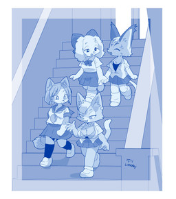 accessory anthro asian_clothing bottomwear bow_ribbon bra breasts centered_hair_bow cleavage clothed clothing dipstick_tail east_asian_clothing eyebrows eyelashes eyes_closed female footwear group hair hair_accessory hair_bow hair_ribbon hairband hand_holding inner_ear_fluff japanese_clothing japanese_school_uniform jewelry markings necklace ribbons school_uniform serafuku shirt shoes skirt stairs tail tail_markings topwear tuft underwear uniform woory nintendo star_fox fay_(star_fox) katt_monroe krystal_(star_fox) miyu_(star_fox) canid canine domestic_cat felid feline felis fox lynx mammal 2026 absurd_res hi_res