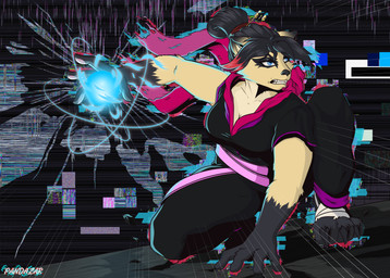 action_pose anthro attack charging cracked_wall cyberpunk energy_ball female glitch magic_user motion_lines ninja pose solo warrior pandazar bear giant_panda mammal