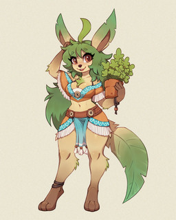 anthro breasts brown_eyes eyebrow_through_hair eyebrows eyelashes female fur green_hair hair holding_object looking_at_viewer navel open_mouth paws plant plant_pot simple_background solo tail tan_body tan_fur teeth tongue translucent translucent_hair asimos nintendo pokemon eeveelution generation_4_pokemon leafeon pokemon_(species) 2026 4:5 hi_res signature