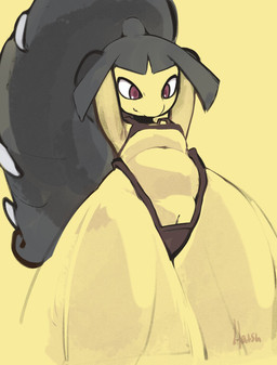 anthro bikini black_body black_hair breasts brown_eyes clothing female genitals hair hair_mouth hands_behind_head ineffective_clothing looking_down low-angle_view midriff navel pussy_peek raised_arms sharp_teeth simple_background small_breasts smile solo swimwear teeth two-piece_swimsuit vulva wide_hips yellow_background yellow_body hatsumiilkshake nintendo pokemon generation_3_pokemon humanoid mawile pokemon_(species) 2023 digital_drawing_(artwork) digital_media_(artwork) hi_res portrait signature source_request three-quarter_portrait unavailable_at_source