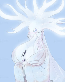 2_horns ambiguous_gender anthro between_breasts big_breasts black_eyes blue_background blue_eyes blush blush_lines bodily_fluids breasts cleavage cloak clothed clothed_anthro clothing dress duo extreme_size_difference eyelashes female frilly glowing glowing_body head_between_breasts holding_another horn husband_and_wife larger_female married_couple pink_blush plant simple_background size_difference smaller_ambiguous sweat sweatdrop tentacles tree white_body white_cloak white_clothing white_dress white_head white_tentacles yzusaur hollow_knight_(franchise) team_cherry pale_king_(hollow_knight) white_lady_(hollow_knight) arthropod elemental_creature flora_fauna insect treant 2026 colored digital_media_(artwork) hi_res shaded signature watermark male_(lore)