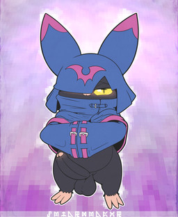 anthro balls black_body black_fur blush cloak clothing cowl embarrassed erection foreskin fur genitals long_ears male penis pupils shortstack shortstack_male solo unusual_pupils wings yellow_eyes mrpandragon bandai_namco digimon chiropmon digimon_(species) absurd_res hi_res