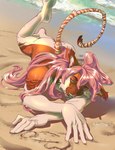 anthro beach bodily_fluids femboy flirting hair lying male on_front penis_drawing pink_hair sand seaside solo stripes sweat pinkpalmingo hi_res