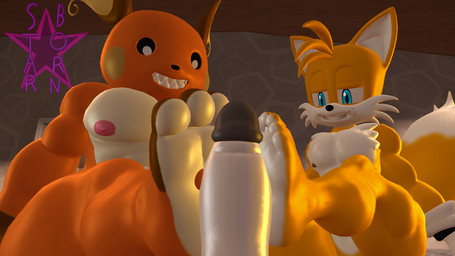 anthro aroused big_feet big_penis bobtheoshawott duo erection feet foot_fetish foot_focus foot_play footjob genitals grin humanoid_feet humanoid_genitalia humanoid_penis male male/male muscular muscular_arms muscular_male muscular_thighs nude_male penis plantigrade sex small_feet smile nintendo pokemon sega sonic_the_hedgehog_(series) miles_prower canid canine fox generation_1_pokemon mammal mouse murid murine pokemon_(species) raichu rodent 3d_(artwork) crossover digital_media_(artwork) hi_res