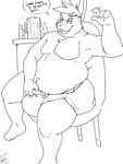 anthro belly big_belly chair clean_diaper clothed clothing dialogue diaper eyewear furniture glasses male musclegut muscular muscular_male overweight overweight_male sitting solo text wearing_diaper whiskers brickoven lagomorph leporid mammal rabbit 3:4 english_text hi_res monochrome