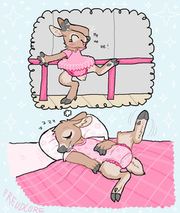 anthro bed blush brown_body brown_fur clean_diaper clothed clothing crib diaper diaper_under_clothing dream exposed_diaper eyes_closed female frilly fur furniture lying onesie pacifier pillow pink_clothing sleeping smile solo sound_effects text thought_bubble vowelless vowelless_sound_effect wearing_diaper young young_anthro zzz freudcore deer mammal 2024 digital_media_(artwork)