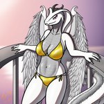 2_horns 5_fingers abs anthro big_breasts big_tail bikini breasts cellphone claws cleavage clothed clothing countershade_scales countershading detailed_background electronics eyelashes fangs feathered_wings feathers female finger_claws fingers front_view gold_bikini grey_body grey_claws grey_feathers grey_horn grey_scales horn huge_breasts humanoid_hands hybrid_wings long_tail looking_at_viewer membrane_(anatomy) membranous_wings multicolored_body multicolored_scales outside phone pink_eyes pose pupils scales sea shadow side-tie_bikini skimpy slit_pupils smile smiling_at_viewer snake_hood snout solo standing string_bikini sunset swimwear tail teeth thick_tail thick_thighs two-piece_swimsuit two_tone_body two_tone_scales ventral_scales water white_body white_feathers white_scales wide_hips wing_claws wings wings_folded spe european_mythology golden_week mythology selena_illyana dragon feathered_dragon feathered_scalie hybrid mythological_creature mythological_scalie reptile scalie snake western_dragon 1:1 2024 cel_shading dated digital_drawing_(artwork) digital_media_(artwork) hi_res krita_(artwork) pinup portrait shaded signature three-quarter_portrait