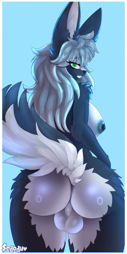 anthro balls big_breasts big_butt blue_background border breasts butt ears_up genitals green_eyes gynomorph intersex simple_background sky smug solo tail white_border sodaduv skunky_the_hybrid hybrid lagomorph leporid mammal mephitid rabbit skunk absurd_res hi_res watermark