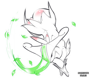 attack blush body_blush butt butt_blush female leaf melee_weapon simple_background sword weapon tohtori_crow nintendo pokemon bovid generation_5_pokemon legendary_pokemon mammal pokemon_(species) virizion hi_res shaded simple_shading