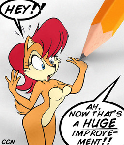 4_fingers alternate_breast_size anthro biped black_nose bodily_fluids breasts cheek_tuft cleavage clothed clothing countershade_face countershade_fur countershade_torso countershading curvy_figure dialogue exclamation_point eyelashes facial_tuft featureless_crotch female female_anthro fingers flying_sweatdrops fur hair iris nude nude_anthro nude_female pencil_(object) pupils short_tail simple_background solo speech_bubble sweat sweatdrop tail text thick_thighs tuft voluptuous wide_hips chadthecartoonnut archie_comics sega sonic_the_hedgehog_(archie) sonic_the_hedgehog_(comics) sonic_the_hedgehog_(series) sally_acorn chipmunk ground_squirrel mammal rodent sciurid english_text