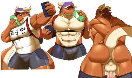 abs anthro anus backpack backsack balls band-aid bandage barazoku beverage bodily_fluids boxer_briefs bulge clothed clothing erection genitals humanoid_genitalia humanoid_penis kemono looking_back male multiple_poses muscular muscular_anthro muscular_male nude one_eye_closed penis perineum pose presenting selfie shirt simple_background solo sweat tail tank_top tattoo topless topwear underwear white_background wink bighornsheep_(artist) mythology dragon mythological_creature mythological_scalie scalie wingless_dragon hi_res