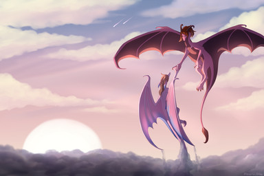 brown_hair claws cloud day detailed_background duo feral flying hair hand_holding horn membrane_(anatomy) membranous_wings outside sky spikes spread_wings spreading sun sunny tail tail_fluff wings icelectricspyro european_mythology mythology dragon mythological_creature mythological_scalie scalie western_dragon 2020 3:2 digital_media_(artwork) hi_res